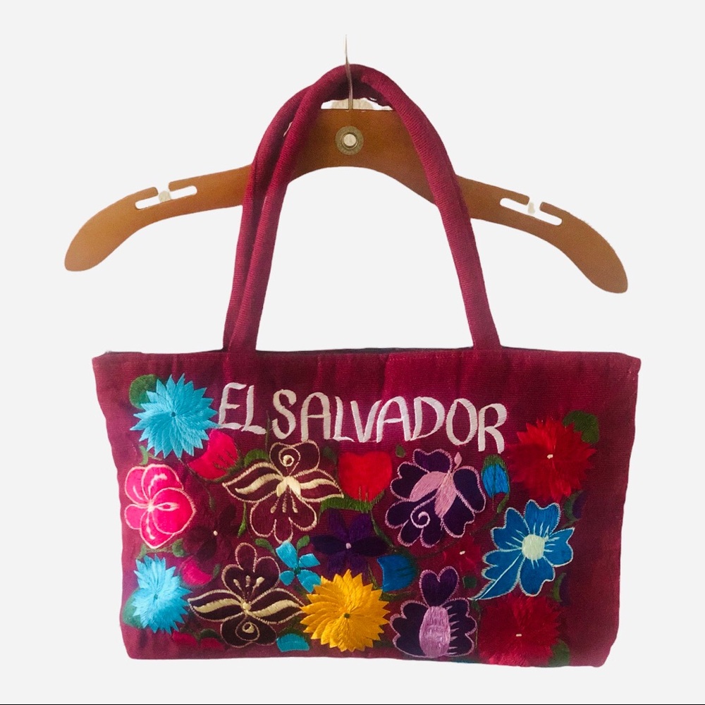 El Salvador Colorful Floral Tote Purse Embroidered Flowers With Pockets Maroon